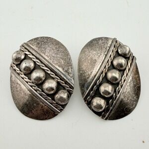 Mexico 925 Silver Marked: "G-193" Southwestern Beaded Oval Post Earrings